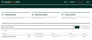 Conceptual licence verification showing operator, domain and regulatory record