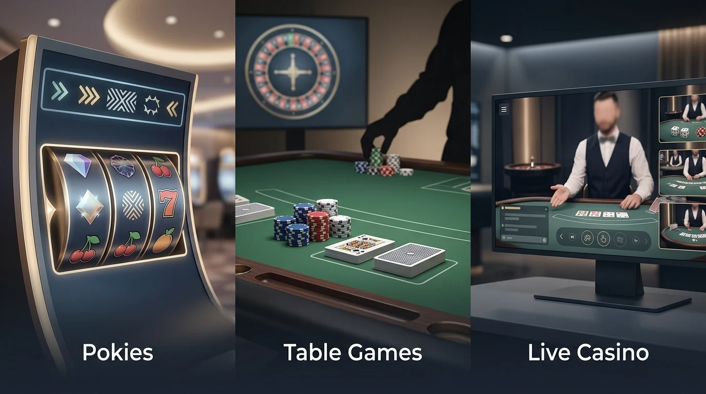 Editorial illustration representing pokies and live casino categories